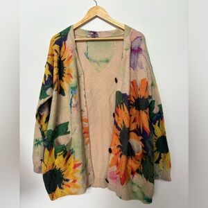 COTTON / WOOL VINTAGE sunflower  floral print cardigan size large